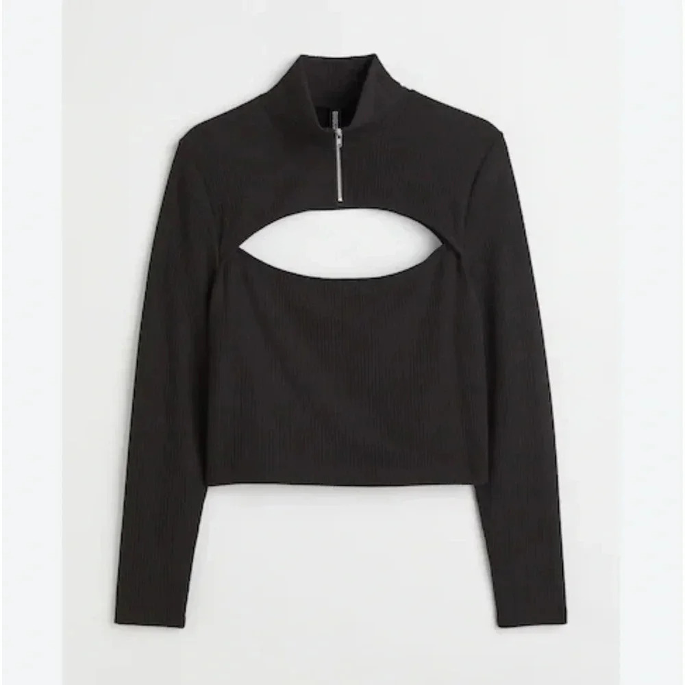 Divided black cut out shirt size small H&M zipper, long sleeve ribbed shirt